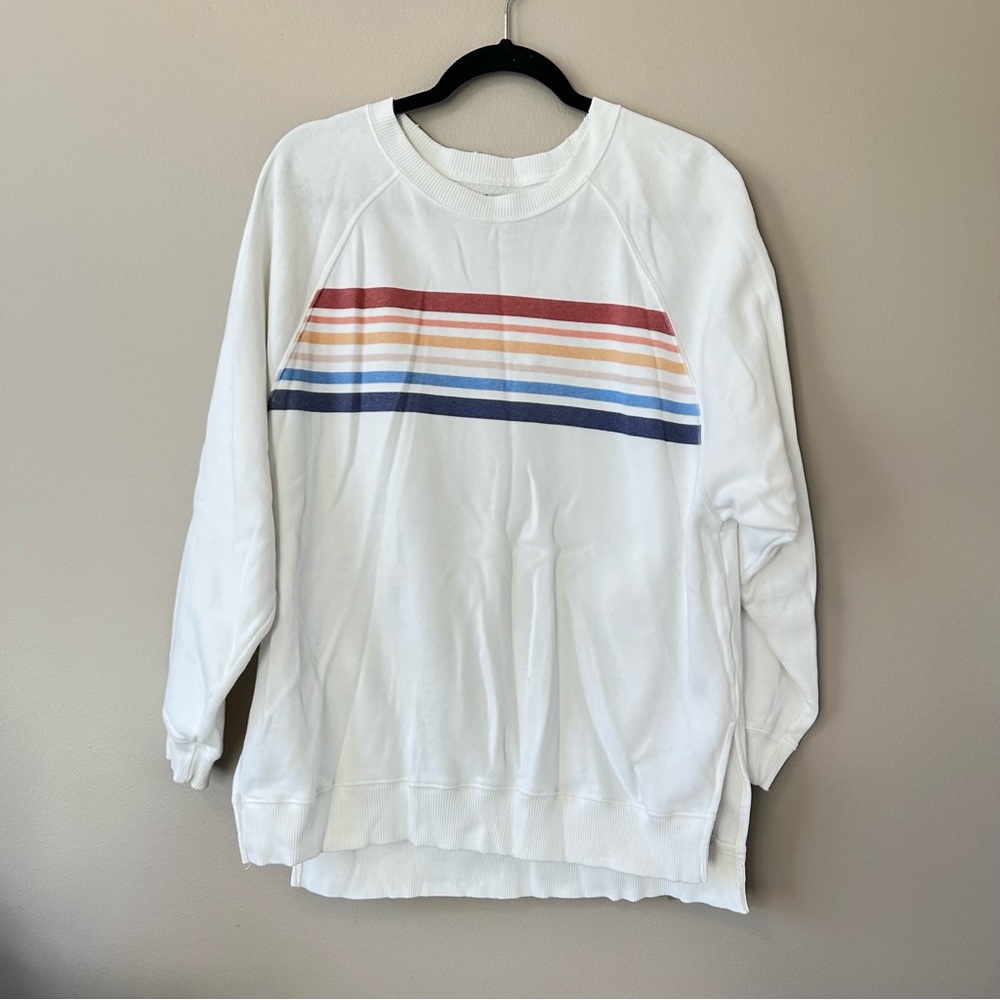 White Sweatshirt with Multicolor Stripes